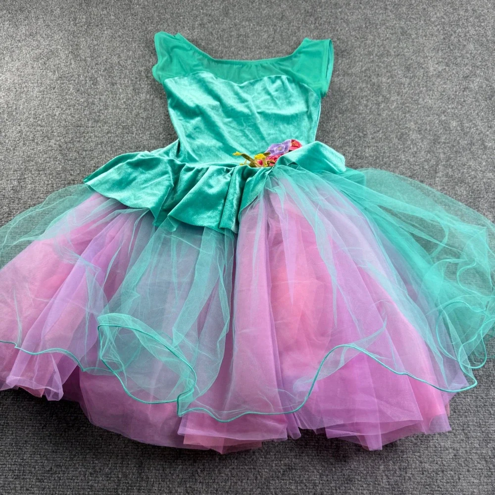 A Wish Come True Dance Costume LC Teal Velvet Floral Tulle Tutu Girls Kid's